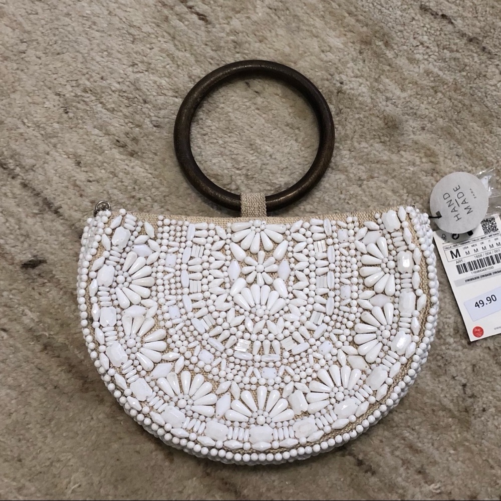 NWT Zara White Beaded Bag Clutch seashell-like